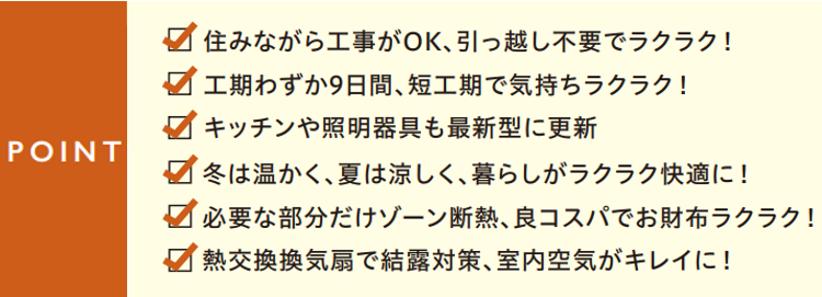 住みながらの工事がOK,引っ越し不要でラクラク
工期わずか9日間、短工期で気持ちラクラク
キッチンや照明器具も最新型に更新
必要な部分だけゾーン断熱、良コスパでお財布ラクラク
熱交換換気扇で結露対策、室内空気がキレイに
